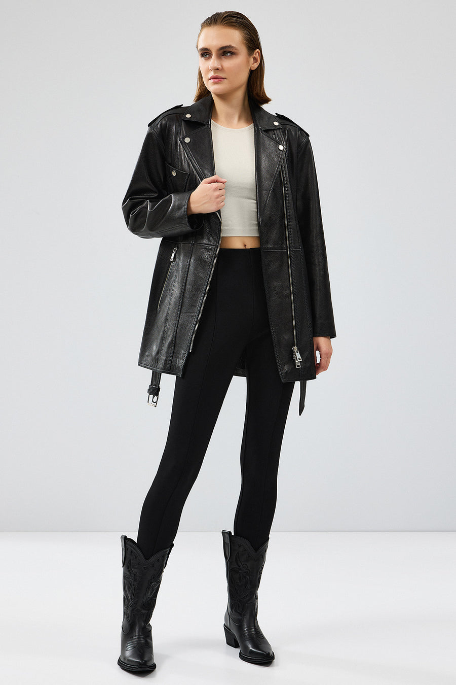 Venus Women's Black Double Breasted Leather Jacket
