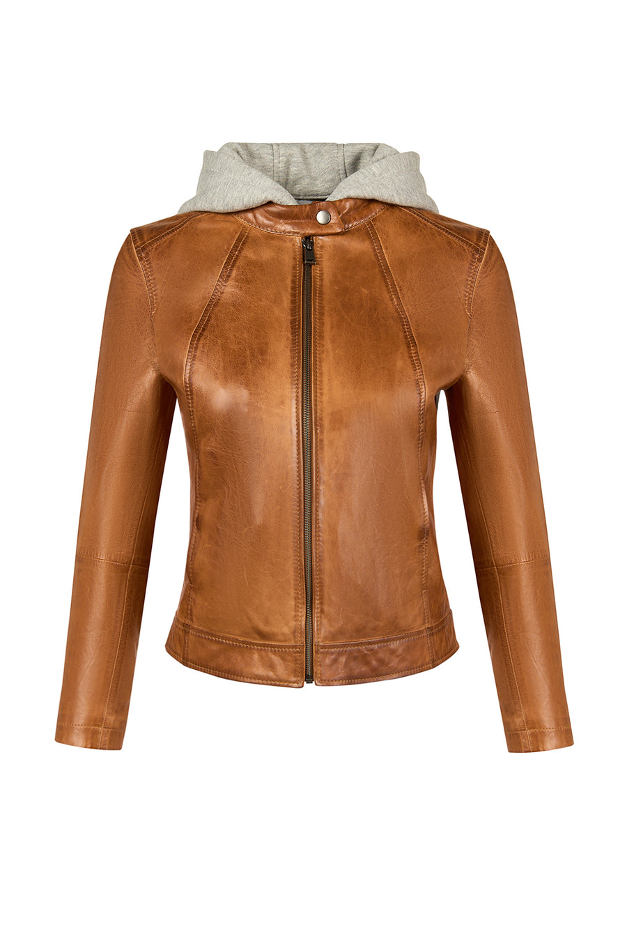 Magic Woman Brown Hooded Short Sport Leather Jacket