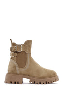 Women's Tan Suede Leather Buckle Zippered Boots | Derimod